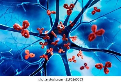 Nerve Cell With Blue Background Attacked By Red Antibodies - 3D Illustration Of Autoimmune Disease