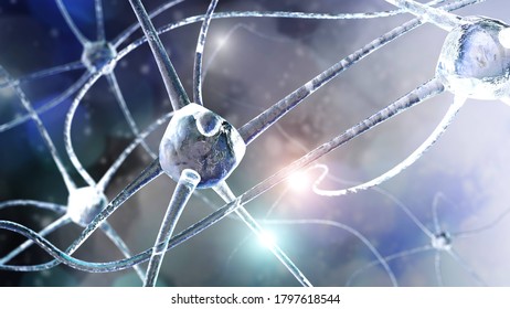 Nerve node impulse, neuron close-up, neural network, neural activity, 3d rendering