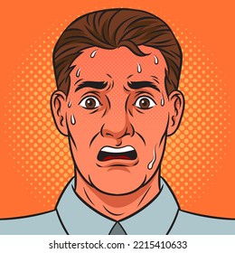 Nervous Frightened Scared Sweaty Man With Anxiety And Flushed Face Pinup Pop Art Retro Raster Illustration. Comic Book Style Imitation.