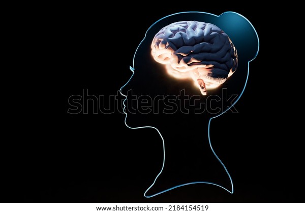 nervous system.\
human brain research. nerve endings, neural connections.\
illuminated silhouette of a woman on a black background with space\
for text. 3d render. 3d\
illustration