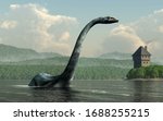 Nessie, the famed lake monster of Loch Ness in Scotland, rears out of the waters of the lake. A castle sits on the shores behind it. 3D Rendering