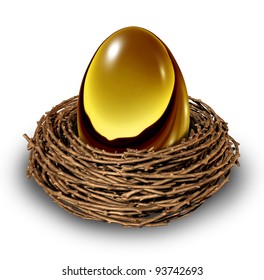 Nest Egg In A Bird Nest As A Gold Retirement Savings Fund Investment As A Financial Business Idea Of Finance Management For Conservative Blue Chip Wealth Building And Secure Future Money Strategy.