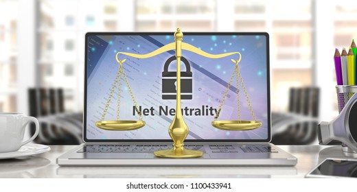 Net neutrality text on a computer screen and a golden law scales balance, blur office background. 3d illustration