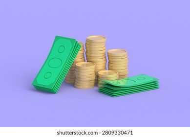 Net worth. Asset value. State monetary system. Capital accumulation concept. Stacks of coins and paper banknotes. 3d render