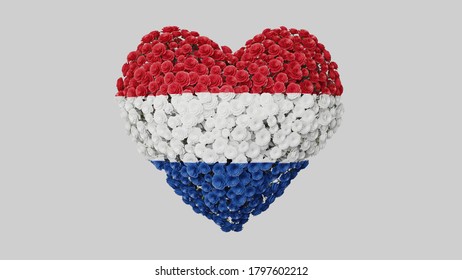 Netherlands Day. Liberation Day. May 5. Heart Shape Made Out Of Flowers On White Background. 3D Rendering.