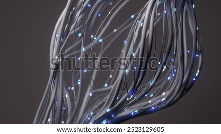 Network of 3d rendered cables with glowing lights forming an abstract shape, representing concepts like data transmission, technology, and connectivity
