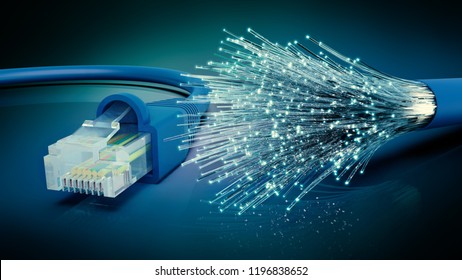 Network Cable And Optic Fibre Cable Connection, 3D Rendering