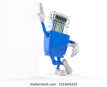 Network character lean on wall isolated on white background. 3d illustration