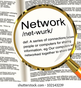 Network Definition Magnifier Shows System Of Computers Or People Connected