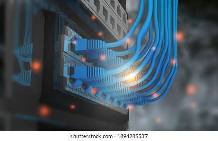 Network Etherate Cables Connect To Server Rack. 3d Illustration	