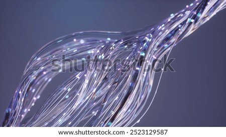 Network of fiber optic cables is transferring data as light pulses travel through them, creating a futuristic technological background