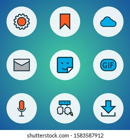 Network icons colored line set with gif sticker, settings, voice chat and other badge elements. Isolated illustration network icons.