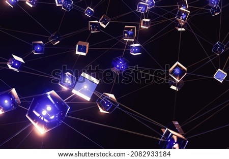 A network of interconnected blocks and lights depicting cryptocurrency blockchain data on a dark background - 3D render