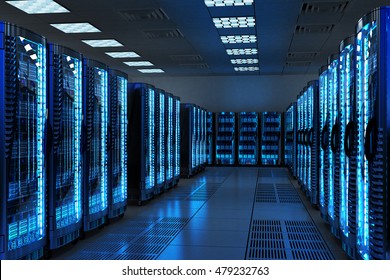 Netzwerk- und Internet-Kommunikationstechnologie-Konzept, Innere Rechenzentren, Server-Racks mit Telekommunikationsausrüstung im Serverraum, 3D-Illustration