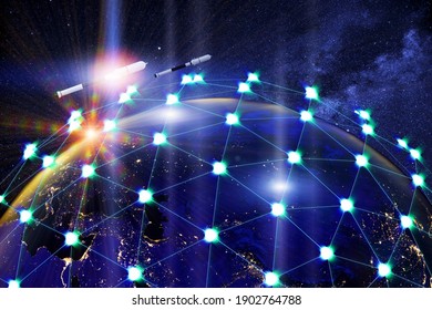 A network of linked satellites orbiting the earth. Global satellite internet service concept.3d illustration