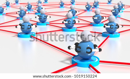 Network of platforms with bots on top botnet cybersecurity concept 3D illustration
