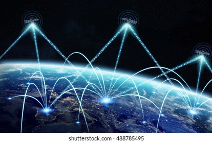 Network And Satellite Data Exchange Over Planet Earth In Space 3D Rendering Elements Of This Image Furnished By NASA