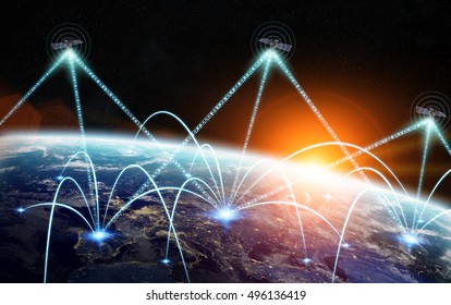 Network And Satellite Data Exchange Over Planet Earth In Space 3D Rendering Elements Of This Image Furnished By NASA