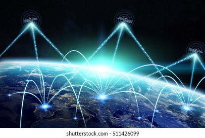 Network And Satellite Data Exchange Over Planet Earth In Space 3D Rendering Elements Of This Image Furnished By NASA