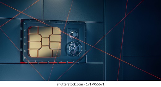 Network Security 5g Internet Of Things Hack Froud Protection. Sim Card Safe Deposit Box's Digital Vault Door In Abstract Techno Wall With Laser Beams. 3d Rendering