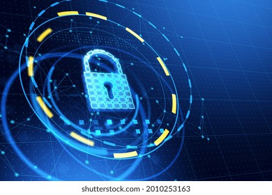 Network security concept with glowing lock sign in yellow and blue rings on abstract glowing background. 3D rendering