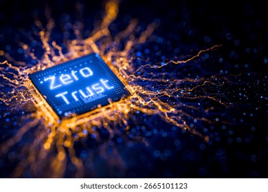 Network security concept. Zero trust on an abstract microchip. Corporate network administration. Network security. Inscription "Zero trust". Security model "Zero trust". Secure network. 3d render