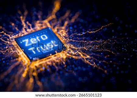 Network security concept. Zero trust on an abstract microchip. Corporate network administration. Network security. Inscription "Zero trust". Security model "Zero trust". Secure network. 3d render