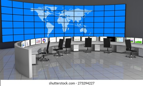 Network / Security Operations Center Containing Computers Desks And A Large Screen Containing The World Map.