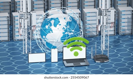 Network server concept with a globe,receivers and electronic devices. 3D illustration.