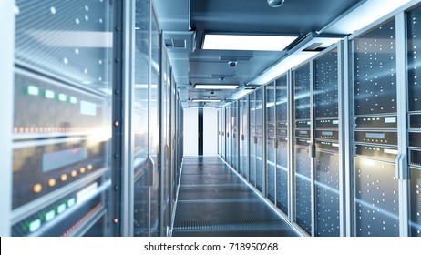 network server room with computers for digital communications and internet,abstract data concept,3d rendering.