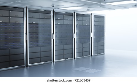 network server room with computers for digital communications and internet,abstract data concept,3d rendering.