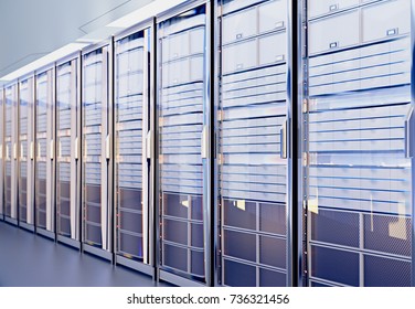 network server room with computers for digital communications and internet,abstract data concept,3d rendering.