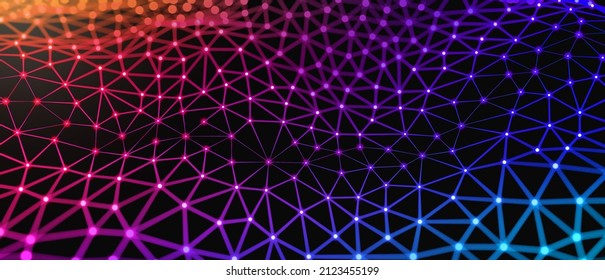 Network status, network visualization. Field of wide area network connected by linked entities, clients or nodes. Networking, social media, SNS, internet communication abstract. 3D illustration.