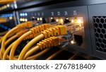Network switch and network cables in modern server room data center. 3d illustration