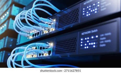 Network switch and network cables in modern server room data center. 3d illustration