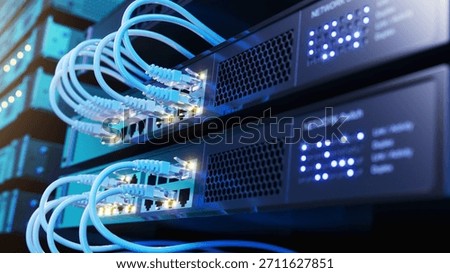 Network switch and network cables in modern server room data center. 3d illustration