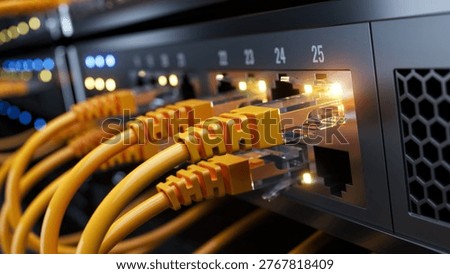 Network switch and network cables in modern server room data center. 3d illustration