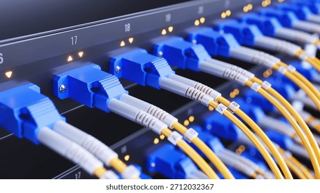 Network switch with network optic fiber cables in modern server room data center. 3d illustration
