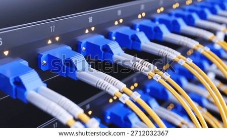 Network switch with network optic fiber cables in modern server room data center. 3d illustration