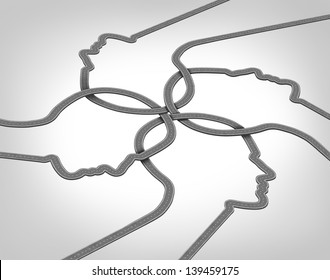 Network Team Business Concept With A Group Of Merging Roads And Highways Shaped As A Human Head Converging And Coming Together Connected As A Community Partnership Tat Are Crossing Paths.