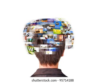 Network technology man has images rotating on his head.