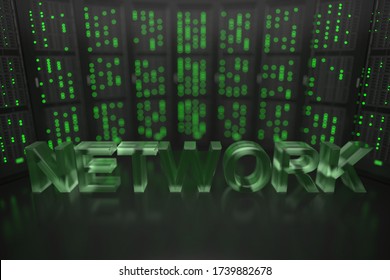 NETWORK text on server room background. Conceptual 3D rendering