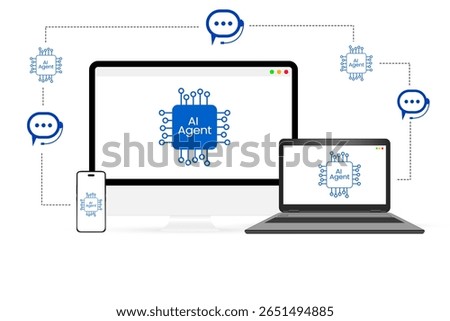 Networking and communication between ai agents showing on the multiple devices connected with bots design, tech backdrop