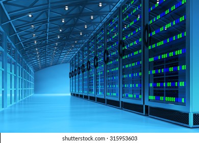 Networking communication technology concept, network and internet telecommunication equipment in server room, data center interior