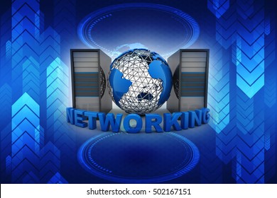 Networking, web cloud computing and telecommunication service internet concept: row of black network servers with blue glossy Earth globe world map with reflection effect,3d rendering