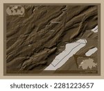 Neuchatel, canton of Switzerland. Elevation map colored in sepia tones with lakes and rivers. Locations and names of major cities of the region. Corner auxiliary location maps