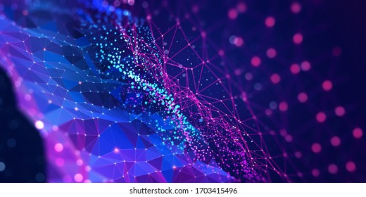 Neural network 3D illustration. Big data and cybersecurity. Global database and artificial intelligence. Bright, colorful background with bokeh effect