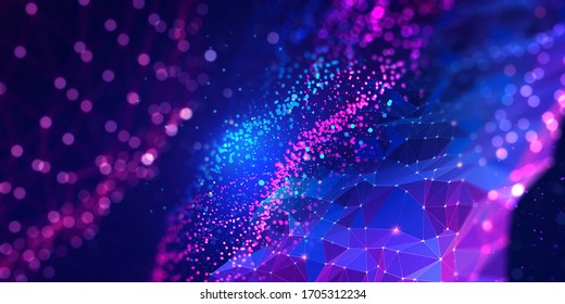 Neural network 3D illustration. Big data and cybersecurity. Global database and artificial intelligence. Bright, colorful background with bokeh effect