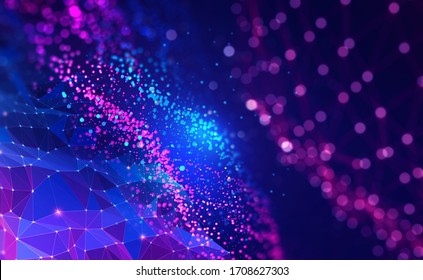 Neural network 3D illustration. Big data and cybersecurity. Global database and artificial intelligence. Bright, colorful background with bokeh effect
