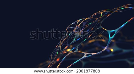 Neural network, artificial intelligence and digital cyber abstraction. 3D illustration of electrical impulses in tissue of neural connections. Creative innovation in business start-up